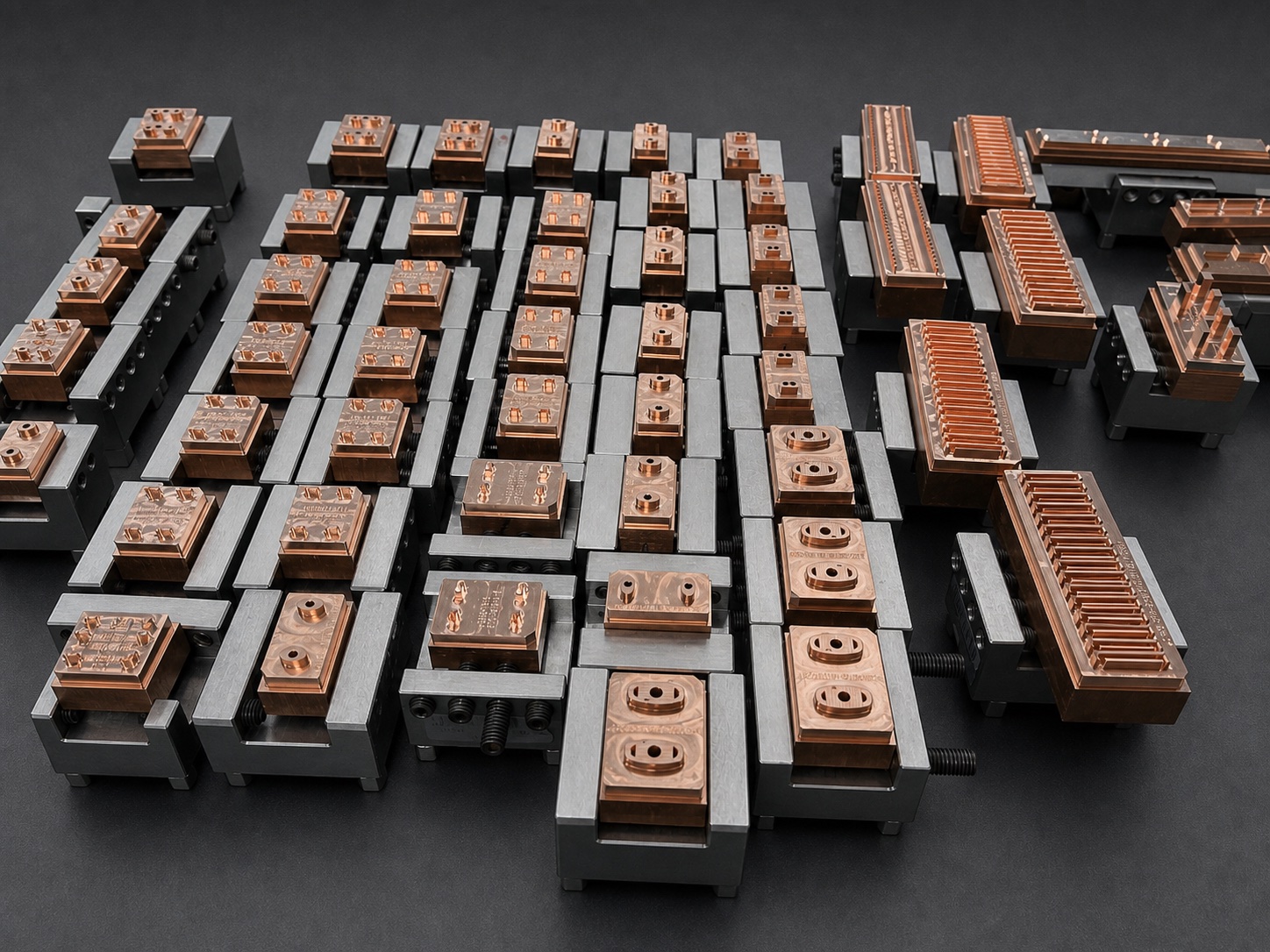 Copper EDM electrodes and holders arranged on a clean inspection table