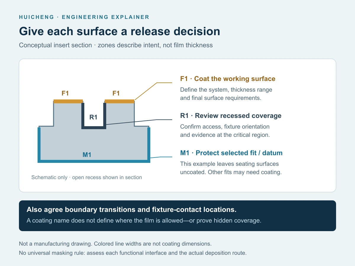 Conceptual coating-zone map separating functional coated surfaces, protected fitting datums and a recess requiring coverage review