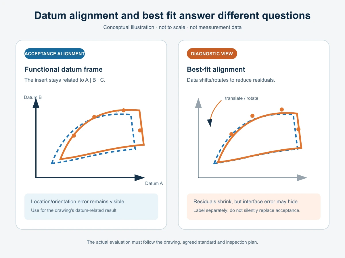 Conceptual comparison of functional datum alignment and best-fit alignment for a mold insert