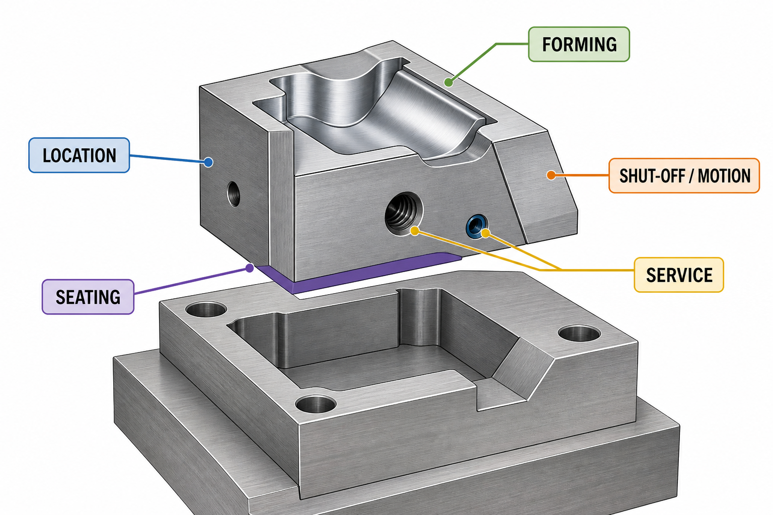 Technical schematic showing seating, location, forming, shut-off or motion, and service interfaces on a replacement mold insert