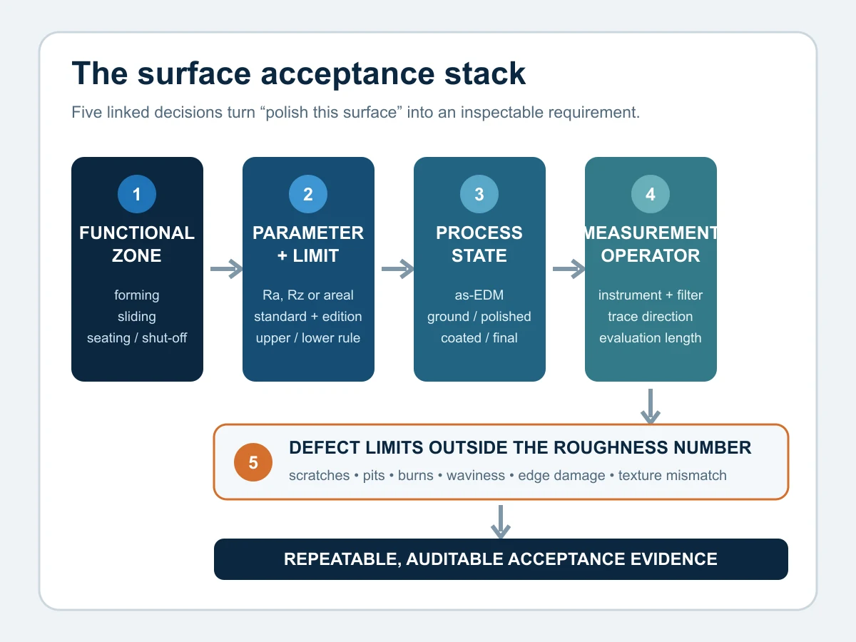 Technical diagram of the five-part surface acceptance stack