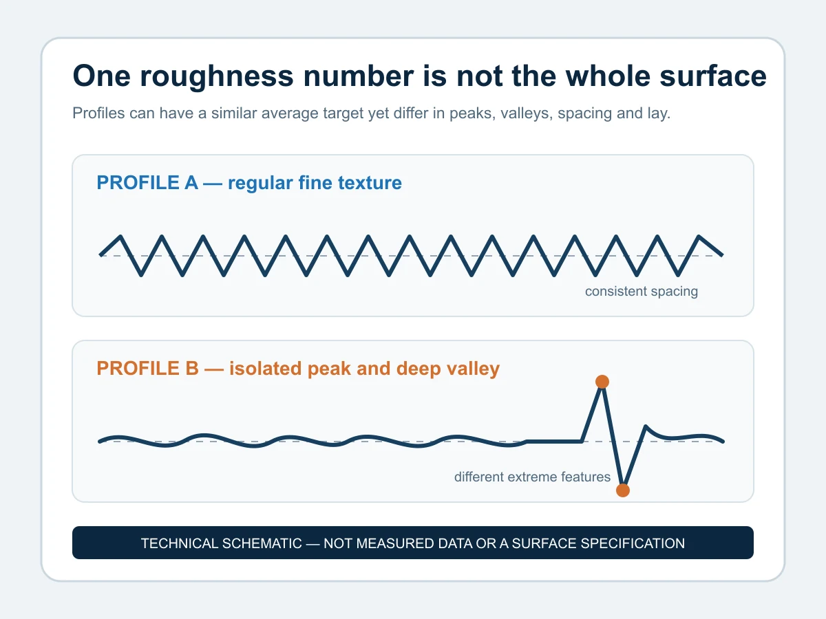Technical schematic comparing regular fine texture with isolated peaks and valleys