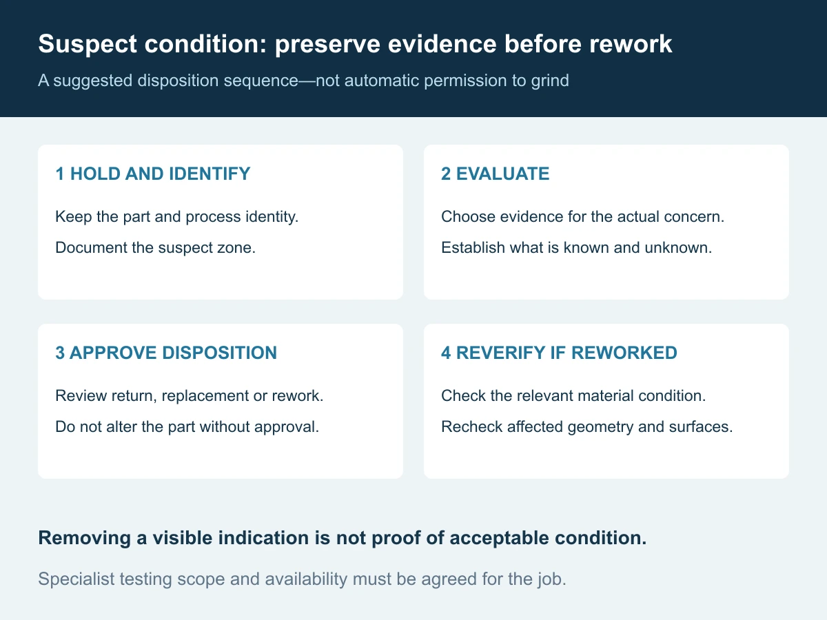 Suspect-part workflow: hold and identify, evaluate the relevant condition, obtain an approved disposition, then reverify affected requirements if rework is authorized