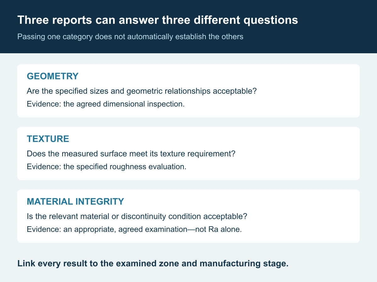 Evidence map separates dimensional geometry, surface texture and material integrity, each linked to a different acceptance question