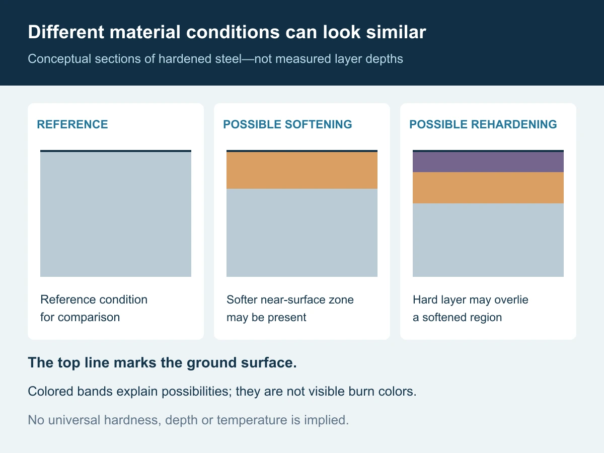 Conceptual sections comparing an unaffected reference with possible softened and re-hardened near-surface regions in hardened steel; no depths or hardness values are specified