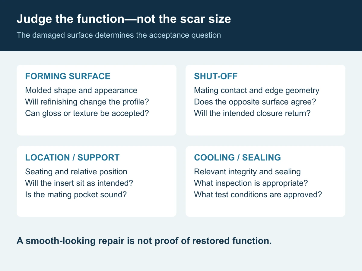 Damage review mapped to four functions: forming geometry, shut-off contact, location and support, and cooling or sealing integrity