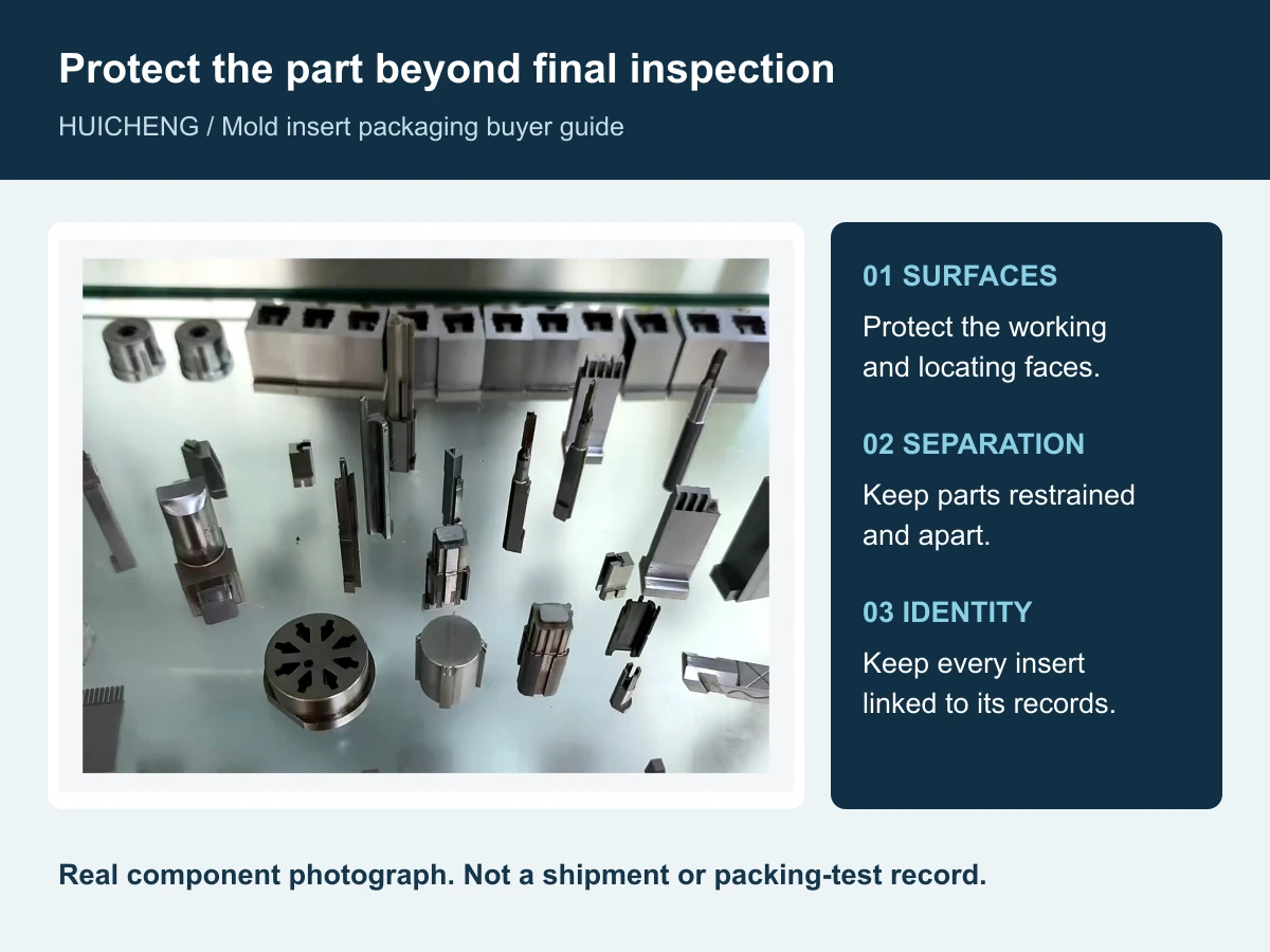 Real Huicheng precision-component photograph with prompts to protect functional surfaces, separate parts and retain identification
