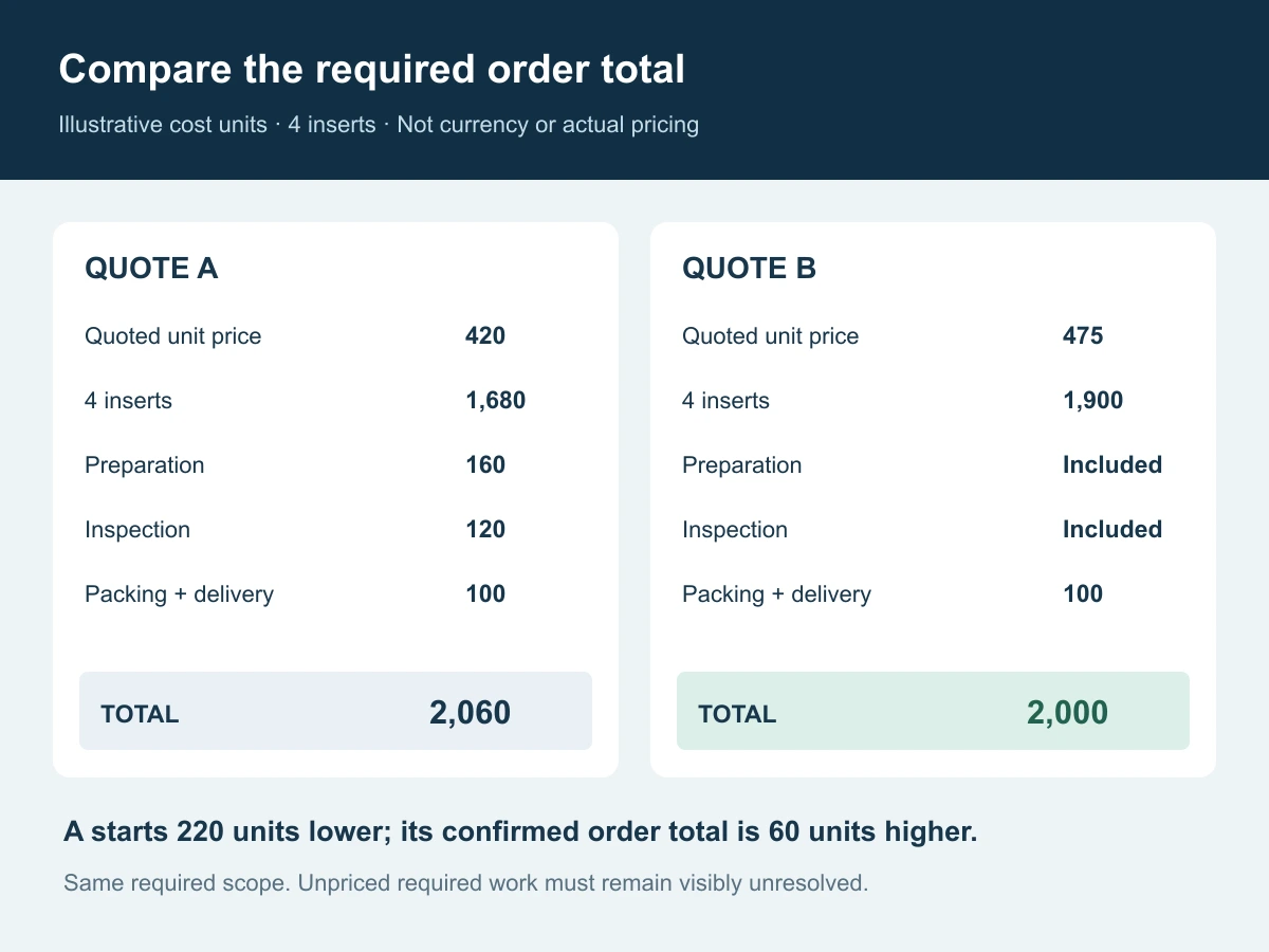 Hypothetical four-insert comparison: quote A totals 2060 illustrative cost units including extras and quote B totals 2000 units