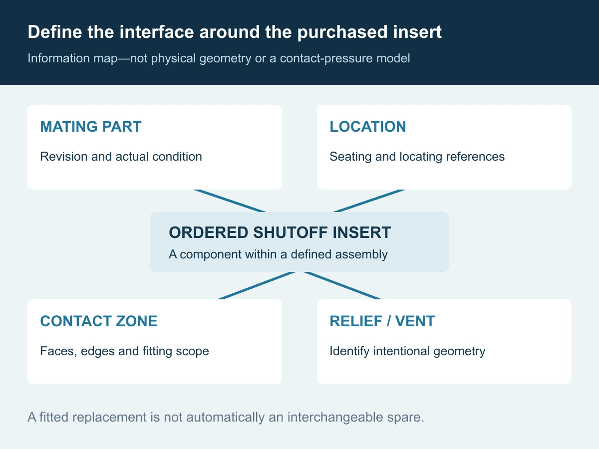 Interface review map for an ordered shutoff insert, showing the required mating-part revision, location references, contact zone, and relief or vent definition